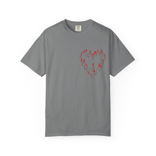 T-Shirt — "Even Baddies Get Saddies" Graphic Tee with Flame Heart